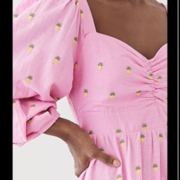 Farm Rio Pink Maxi Dress with Embroidered Pineapples. Puff Sleeves +Ruffle skirt - Picture 7 of 12